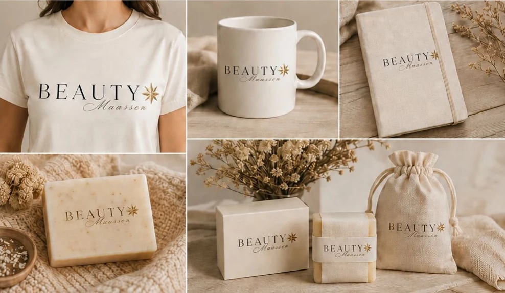 Logo Beauty Maassen aplicat pe tricou, cană, carnet, săpun și ambalaje