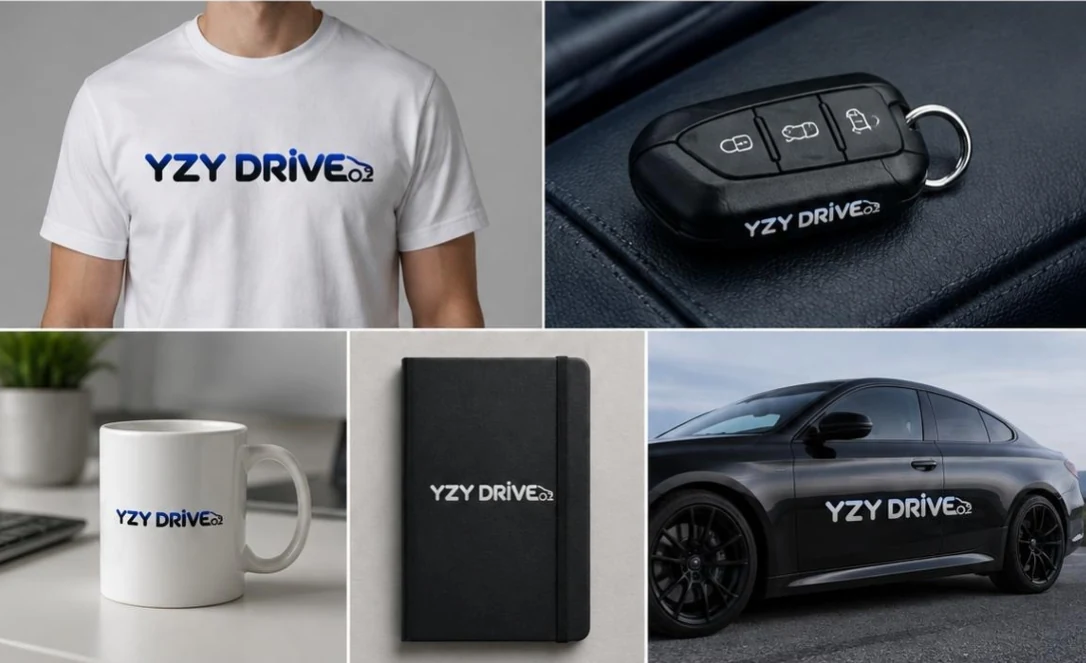 Logo YZY Drive aplicat pe tricou, cheie auto, cană, carnet și mașină